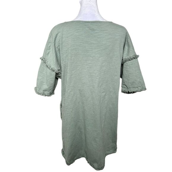 Umgee USA Frayed Detail Green Relaxed Fit Short Sleeve Cotton Tunic Top. Small. - Picture 4 of 9